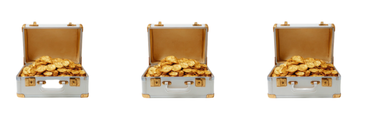 Three suitcases overflowing with shiny, golden coins