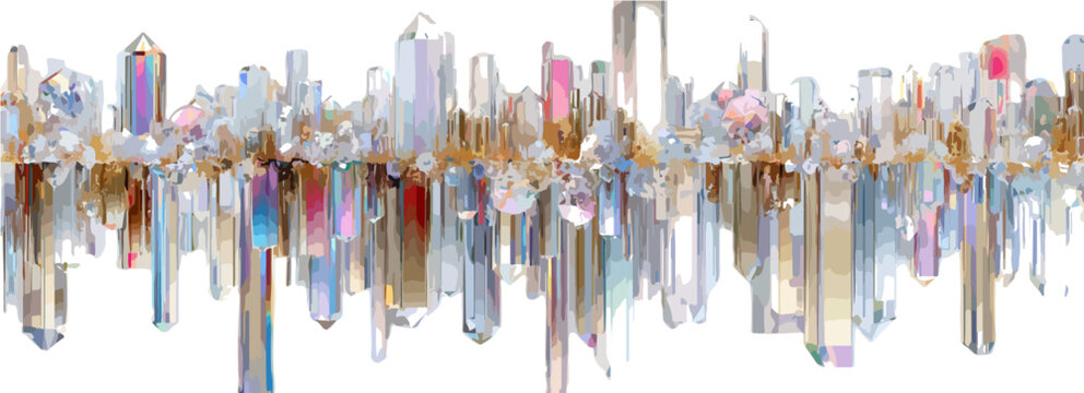 Abstrakte Anordnung von bunten Quarzkristallen als grafisches, transparentes Dekorationselement auf wei&szlig;em Grund.