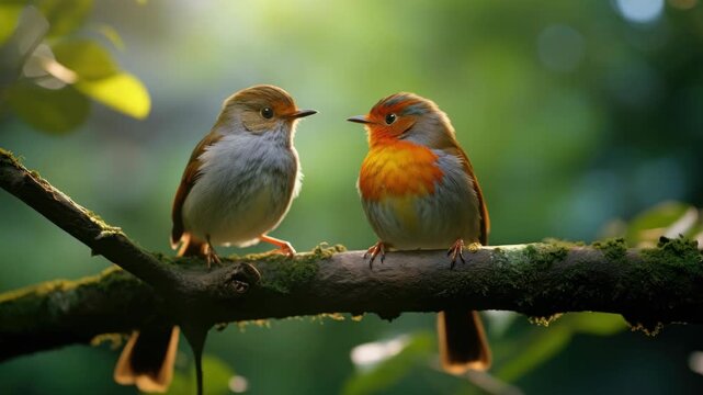 Two birds with red and blue colors perched on a branch in a forest setting.