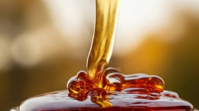 Golden syrup being poured onto a heap of syrup with a blurred background. Perfect for food blogs, recipe websites, and culinary magazines.