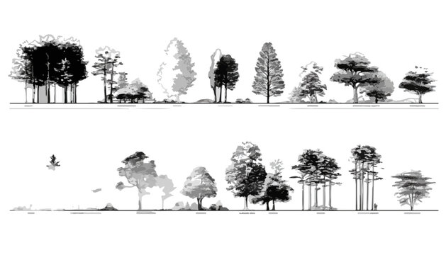 Sammlung verschiedener Baum-Silhouetten und -Profile als transparente Schwarz-Wei&szlig;-Vektorgrafik f&uuml;r Architektur.