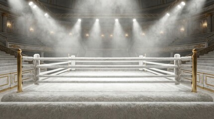 bright lights illuminate a white plush ring inside a large arena. The ring is surrounded by empty seats waiting for an event. The atmosphere is filled with anticipation.