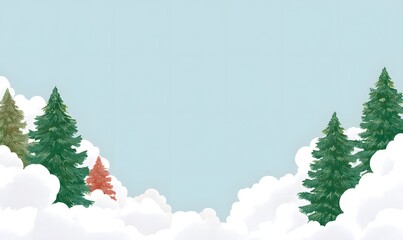 Christmas styled background with empty space in the middle for adding text, minimalism with Christmas trees and clouds,