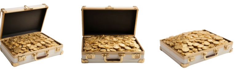 Briefcases filled with shining gold coins open and closed