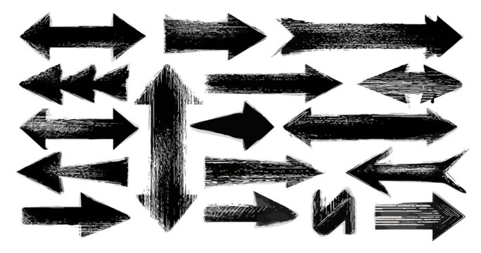 Sammlung verschiedener handgezeichneter schwarzer Pfeile mit transparentem Hintergrund f&uuml;r Richtungsangaben und Navigation.
