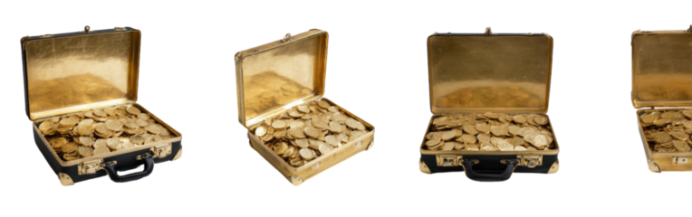 Open briefcases overflowing with golden coins, presented four times