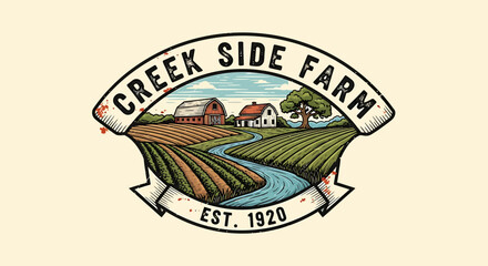 Fototapeta premium Logo Design Featuring Farm Landscape, Creek, Barns, and Fields in Vintage Style for Agriculture Branding