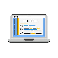 Coding SEO optimization on laptop screen, web development concept, digital workspace, software programming, front view, clean design