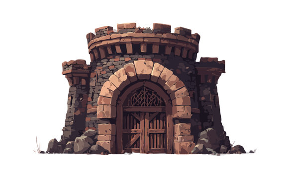 Mittelalterlicher runder Steinturm mit gotischem Holztor und Zinnen, isoliert auf Wei&szlig;.