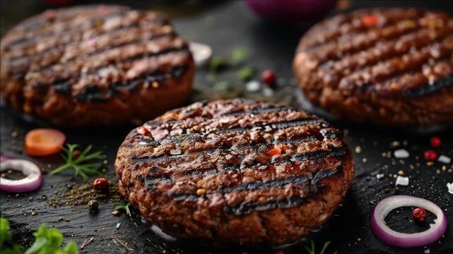 Close-up of juicy steak burgers on a cutting board with sliced onions. Perfectly cooked meat patties ready to eat.