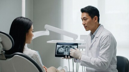dentist is explaining an x ray to a client in a dental office. The client is seated in a dental chair. The dentist uses a tablet to show the x ray and provide information about dental health.