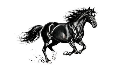 Obraz premium Running Black Horse Illustration in Dynamic Motion on White Background, Detailed Graphic Artwork, Side View Concept