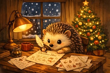 A festive illustration of a hedgehog rushing to finish writing before a snowstorm outside the window