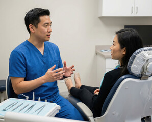 Dentist explains dental procedures to a woman seated in the clinic. The two are focused on conversation about oral health in a professional setting.
