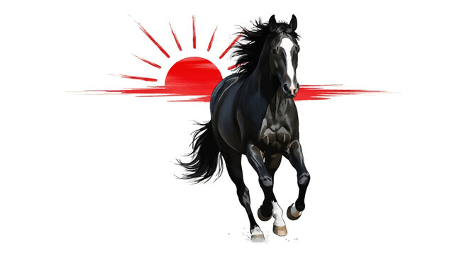 Running Black Horse Silhouette with Rising Red Sun Background, Dynamic Animal Illustration, Graphic Art Design Perspective