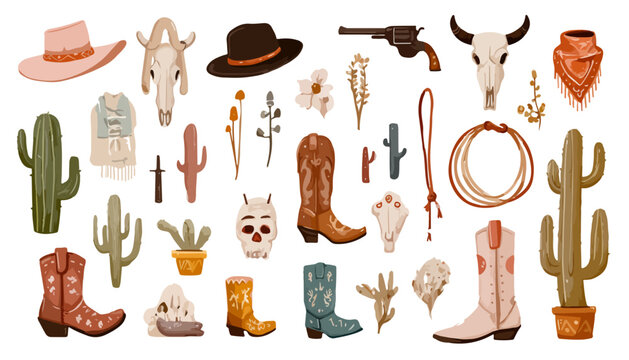 Sammlung von Western-Elementen wie Cowboyh&uuml;ten, Stiefeln, Kakteen und Bullensch&auml;deln mit transparentem Hintergrund.