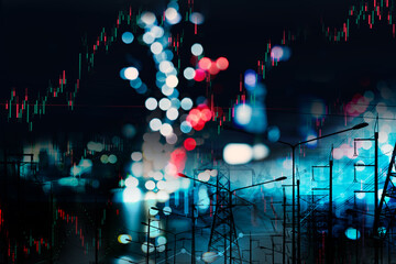  blue electric pole and stock market graph for energy business background