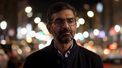 A contemplative middle-aged indian man wearing glasses stands in a moody, low-light portrait, captured with shallow depth of field against a vibrant urban night bokeh background.