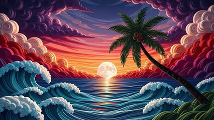 Illustration of pixel art tropical sunset with crashing wave and leaning palm tree silhouette