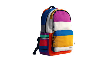Colorful patchwork backpack, angular blocks, blue straps, bright style