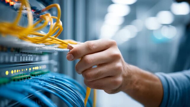Closeup of a technician connecting network cables to a server rack in a modern data center environment. High speed internet infrastructure and IT maintenance concept for digital transformation - Powered by Adobe
