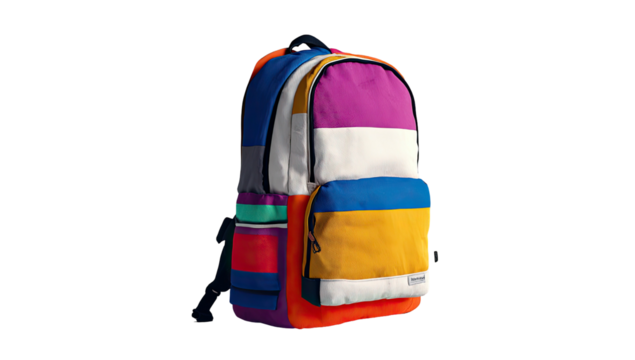Colorful patchwork backpack, angular blocks, blue straps, bright style - Powered by Adobe