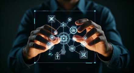 Mental model construction. A hand assembles a 3D holographic puzzle of a complex concept, representing the process of understanding.