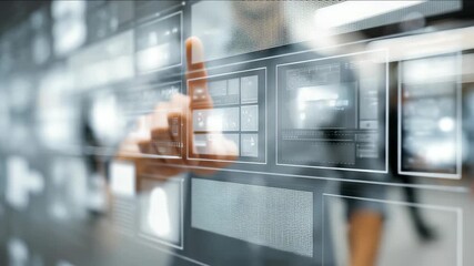 Businessman interacts with a futuristic digital touchscreen interface, selecting virtual data panels in a modern high tech environment. Innovative technology and digital transformation concept - Powered by Adobe