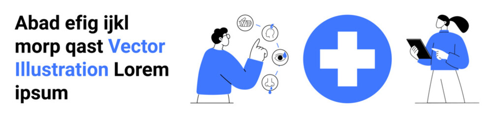 Fototapeta premium Healthcare, diagnostics, medical services, data sharing, collaboration, analysis. Two people interacting, with a cross symbol and icons. Healthcare and diagnostics concept