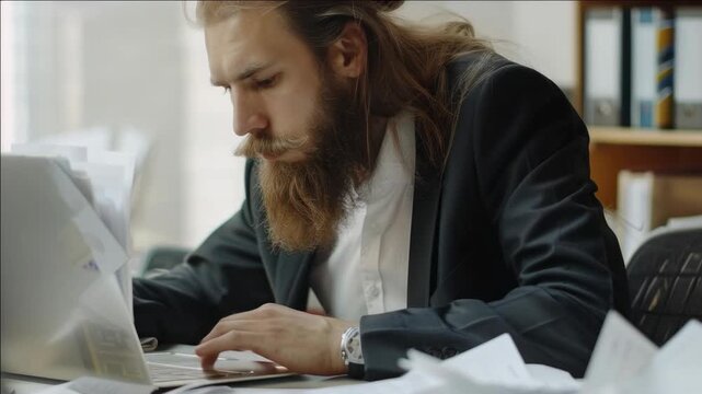 A bearded man engrossed in work on a laptop. He is surrounded by stacks of papers and books, suggesting a hectic or important project. His suit implies professionalism.