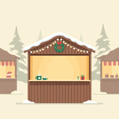 Obraz premium Festive Christmas Market Stall Decorated with Wreath and Items for Sale in Winter Setting