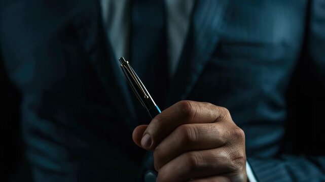 Man's hand with pen in focus, person wearing suit blurred in background
