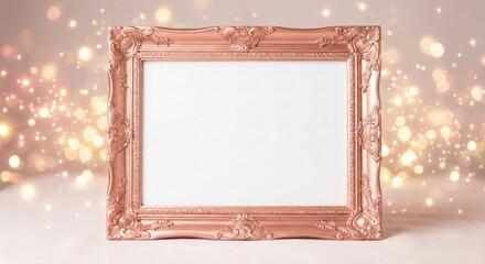 Blank rose gold picture frame with delicate ornate details on a shimmering backdrop