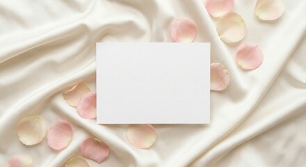 Elegant Blank Card on Silky Fabric with Delicate Rose Petals for Romantic Occasions