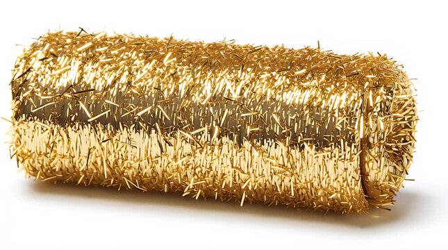 A rectangular, golden-hued, textural object with a reflective quality is depicted on a bright, white background. It resembles a stylized, shimmering brick