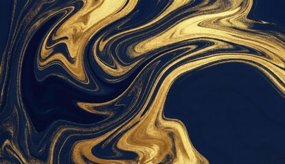 Abstract Dark Blue and Gold Swirls Fluid Art Background Design