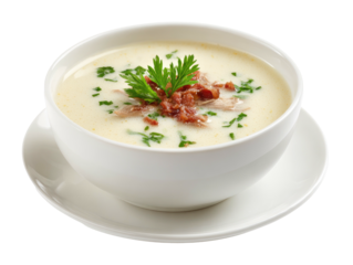 Creamy soup garnished with parsley and bacon in white bowl on saucer