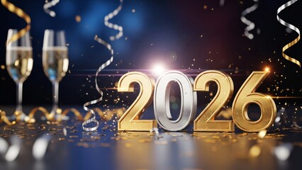 Golden 2026 New Year Celebration With Champagne Flutes And Festive Confetti Background