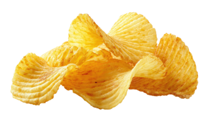 Pile of crinkle-cut potato chips with light seasoning on black