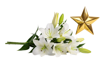 A serene bouquet of elegant white lilies accompanied by a brilliant golden star, symbolizing honor, purity, and profound remembrance for dignified occasions