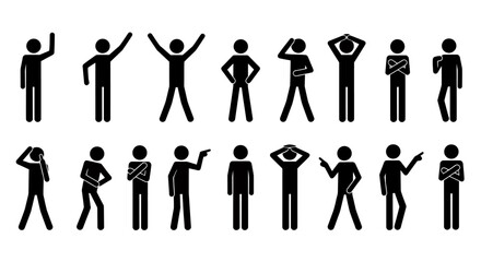 Silhouette stick figures showcase various poses and gestures, offering a versatile visual resource for illustrating human actions and expressions in a minimalist style.