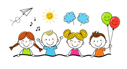 Naklejka premium A cheerful vector illustration depicts a group of diverse children smiling joyfully, holding balloons, and enjoying a sunny day with playful drawings in a bright, inviting style.