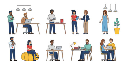 Fototapeta premium A diverse vector illustration showcasing various people in an office setting, engaged in work, collaboration, and casual interactions, with a modern and minimalist design.
