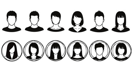 A collection of simple, faceless avatar icons in black and white, showcasing diverse hairstyles and clothing in a modern, minimalist vector style, perfect for user profiles.
