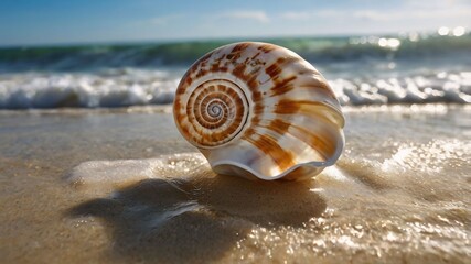 Spiral Seashell on Sandy Beach with Ocean Waves Coastal Nature Photography