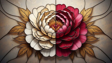 Illustration of symmetrical stained glass peony flower split in white and deep magenta with golden leaf detail