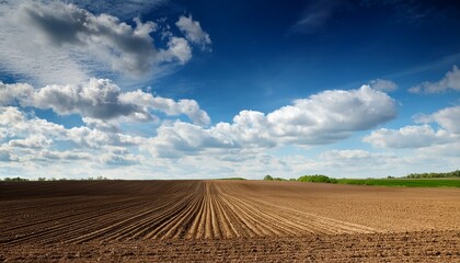 Fototapeta premium Plowed Field And Blue Sky Agriculture Plowed Field And Blue Sky With Clouds