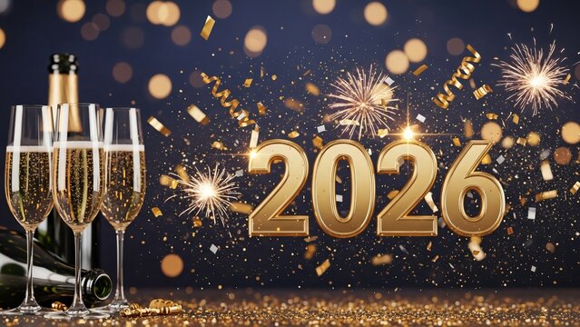 Golden New Year 2026 Celebration With Champagne Glasses And Sparkling Fireworks Display