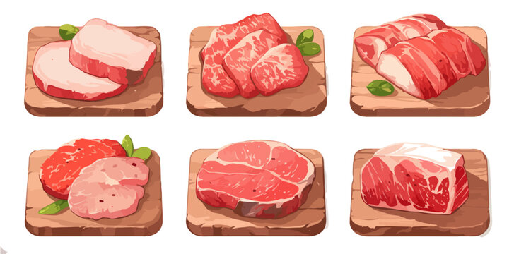 Vetor ilustrando seis diferentes cortes de carne fresca, como bife e lombo, em t&aacute;buas de madeira.