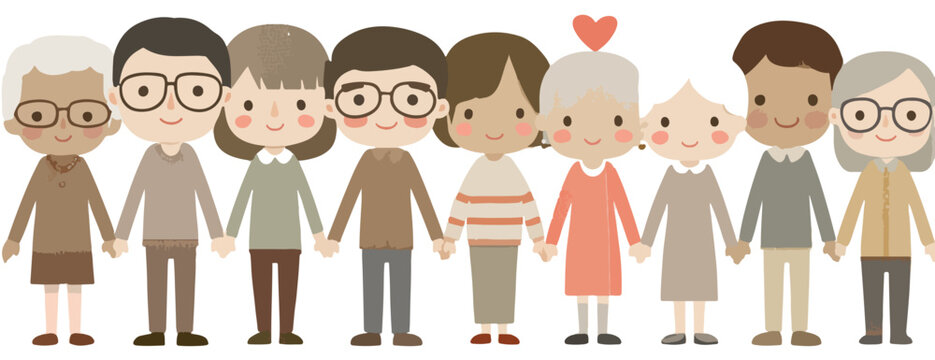 Grupo diversificado de pessoas de diferentes idades e etnias de m&atilde;os dadas em ilustra&ccedil;&atilde;o vetorial fofa.